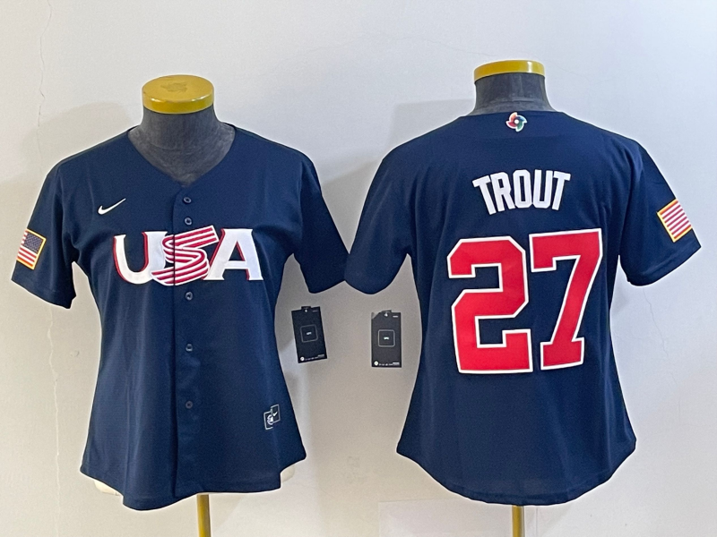 Women's USA Baseball #27 Mike Trout 2023 Navy World Baseball Classic Stitched Jersey(Run Small)